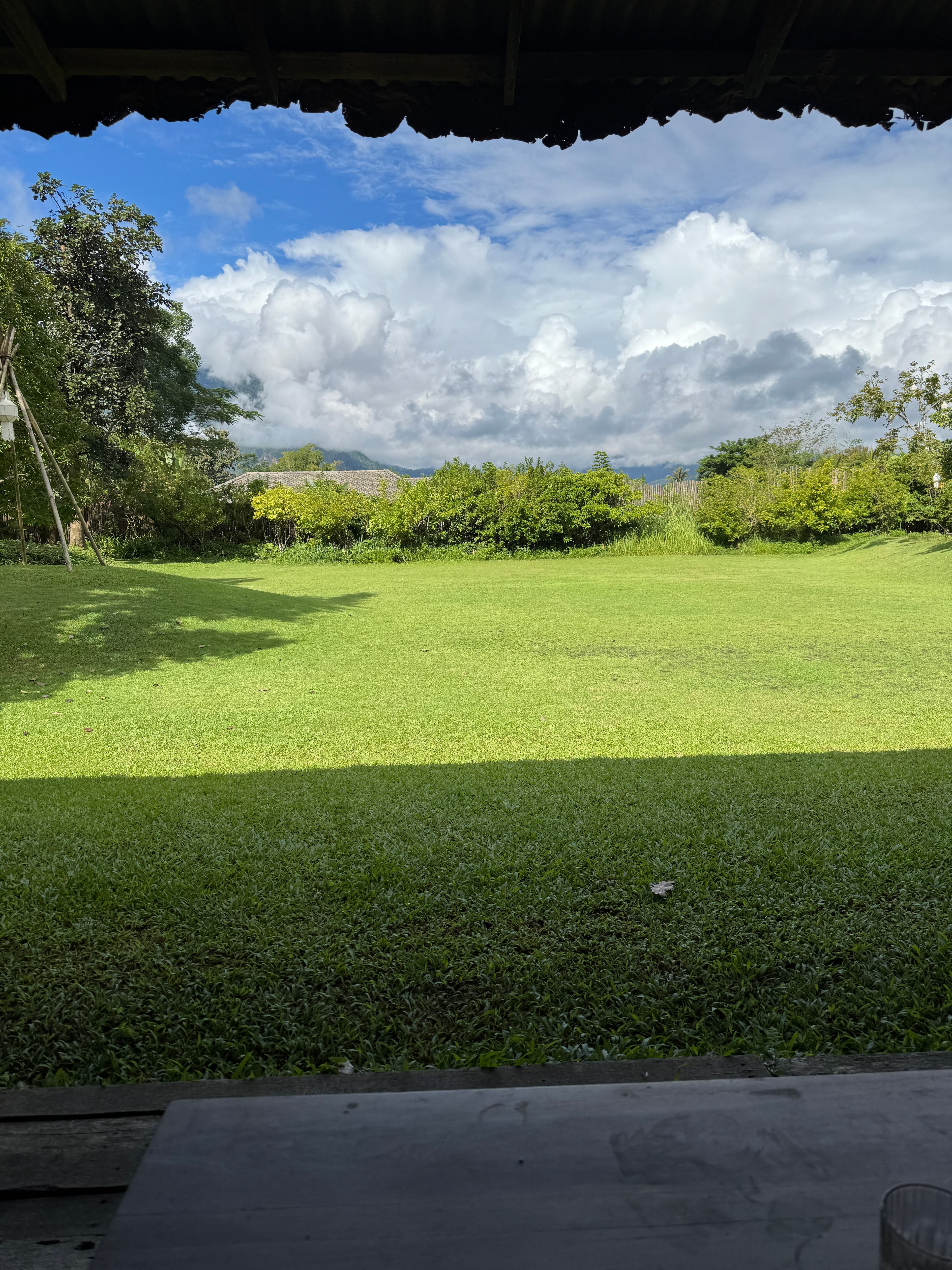 Lush green lawn stretching toward tropical trees and misty mountains under a cloudy sky