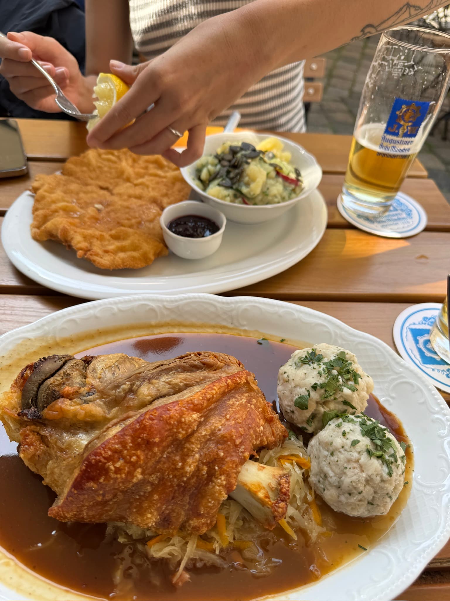 Crispy pork knuckle with sauerkraut and herb dumplings, with schnitzel, potato salad, and a glass of beer across the table